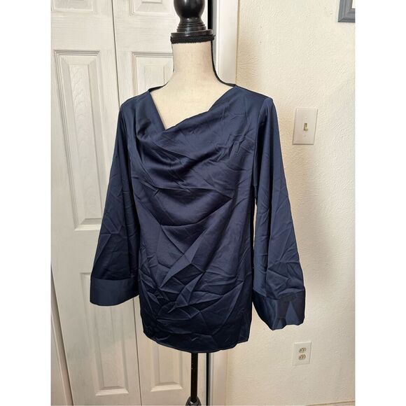 Halston Women's Cowl Neck Draped Blouse Navy Blue Size Medium NWT - Picture 1 of 7